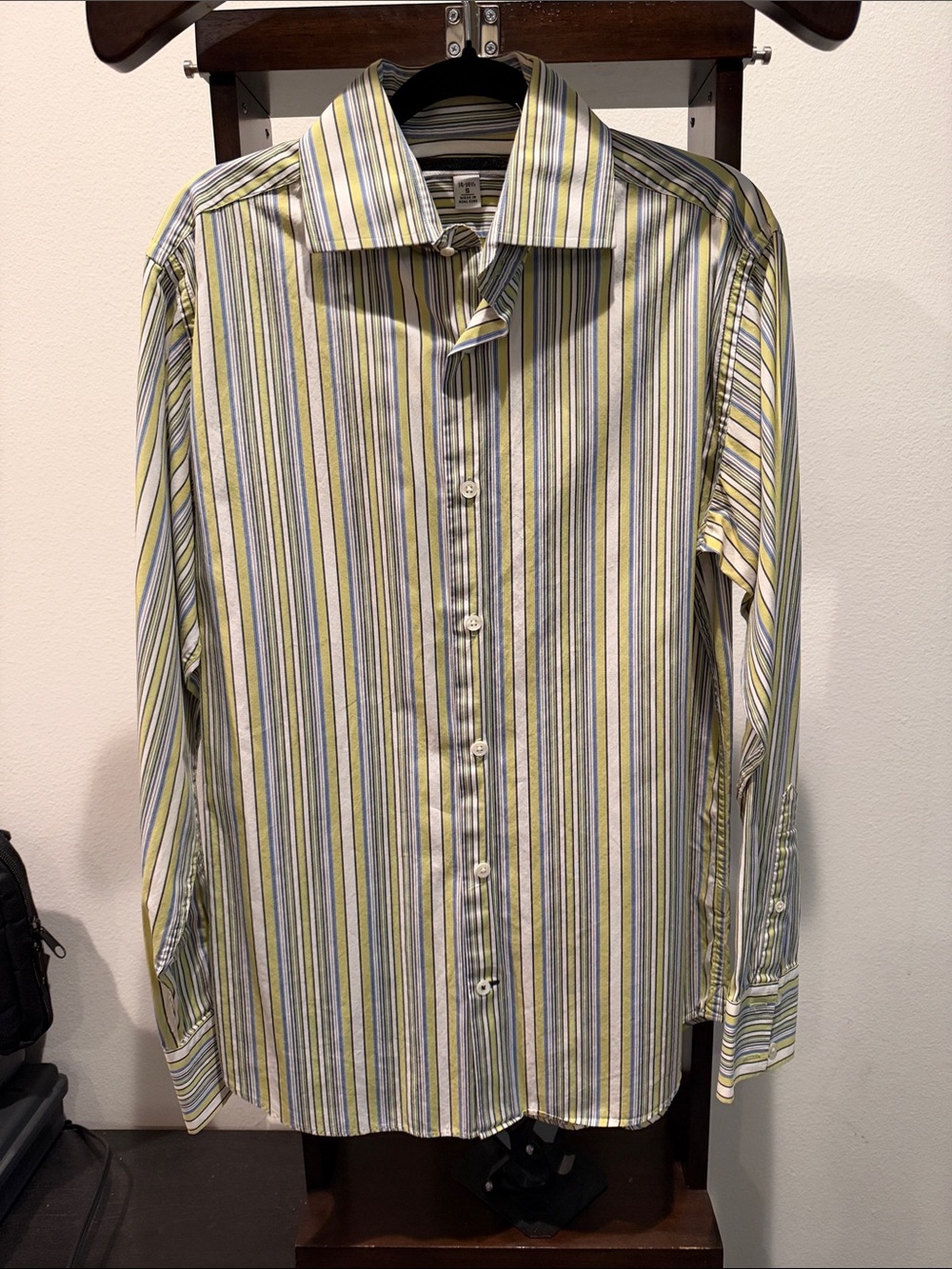 Men's Striped Button-Up Shirt in lime , Blue & White
